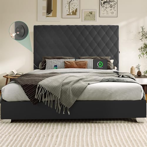 YITAHOME King Velvet Bed Frame with 53" Tall Headboard,Upholstered Platform Bed with 2 USB C/A, Button Tufted Velvet Headboard,No Box Spring Needed,Noise-Free (Black, King)