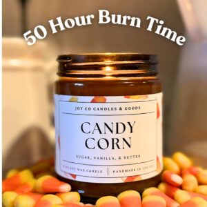 Candy Corn Scented Candle, Sugar, Vanilla, & Butter Scent, 100% Soy Wax 9 oz Candle, 50 Hour Burn Time, Recyclable Amber Glass Jar, Made in the USA, JOY CO Candles & Goods, Fall Décor, Halloween Decor