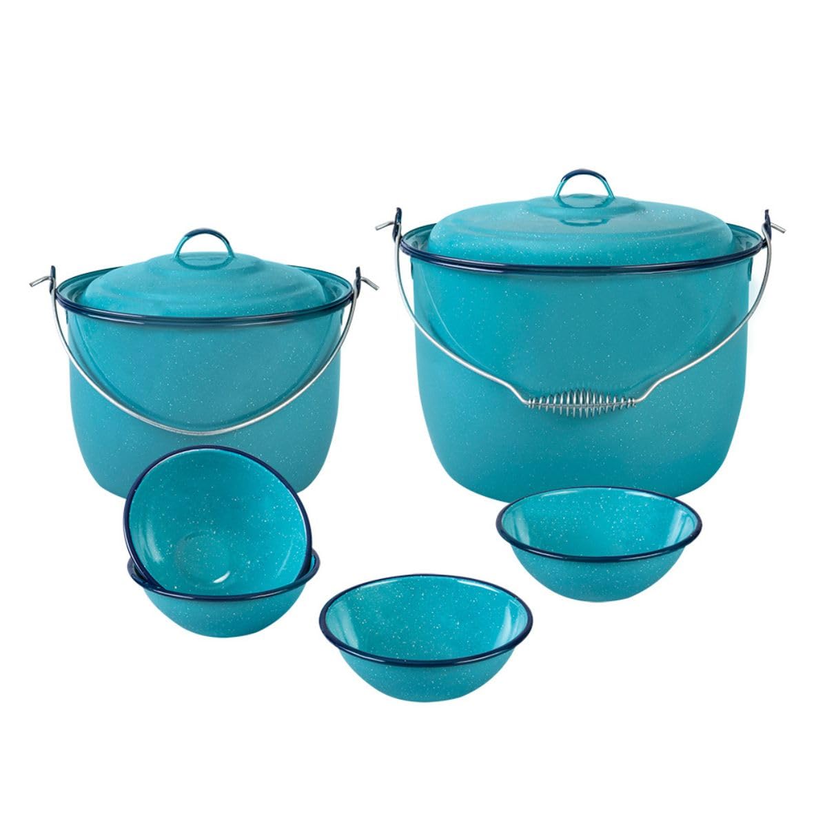 Cinsa Pozole Making Set (8 pieces) 14 and 8 Quarts Enameled Steel Stock Pots with Lid, 4x bowls 17 oz, Multi Use Pots, Turquoise Blue