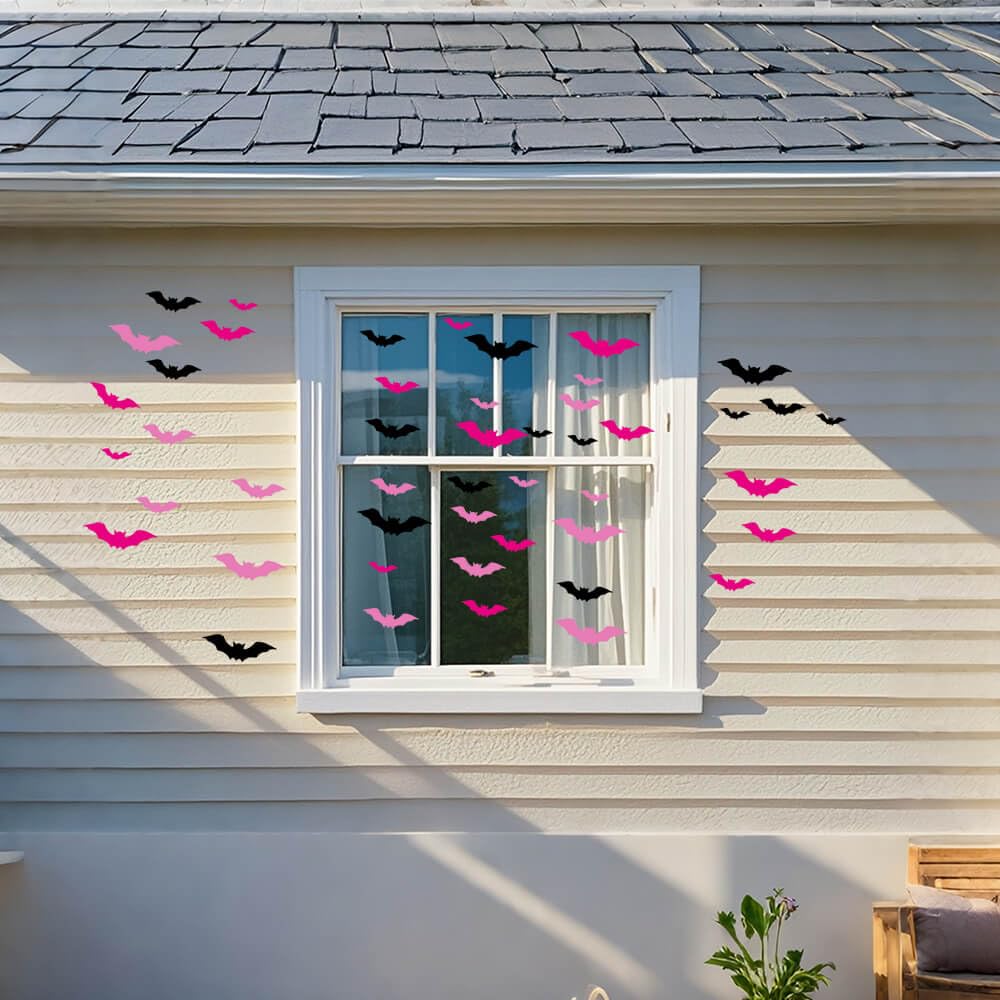 Pargleev Bat Wall Stickers: Halloween Party Decorations Indoor & Outdoor - 48 pcs Reusable PVC 3D Black Pink Bats for Halloween, Eve Party, Ghost Festival Decor