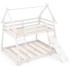 Costzon Twin Over Queen Bunk Bed, House Shaped Bed Frame with Climbing Nets and Ramp, Safety Guardrail, No Box Spring Needed, Wooden Kids Bed for Boys Girls (White, Twin Over Queen)