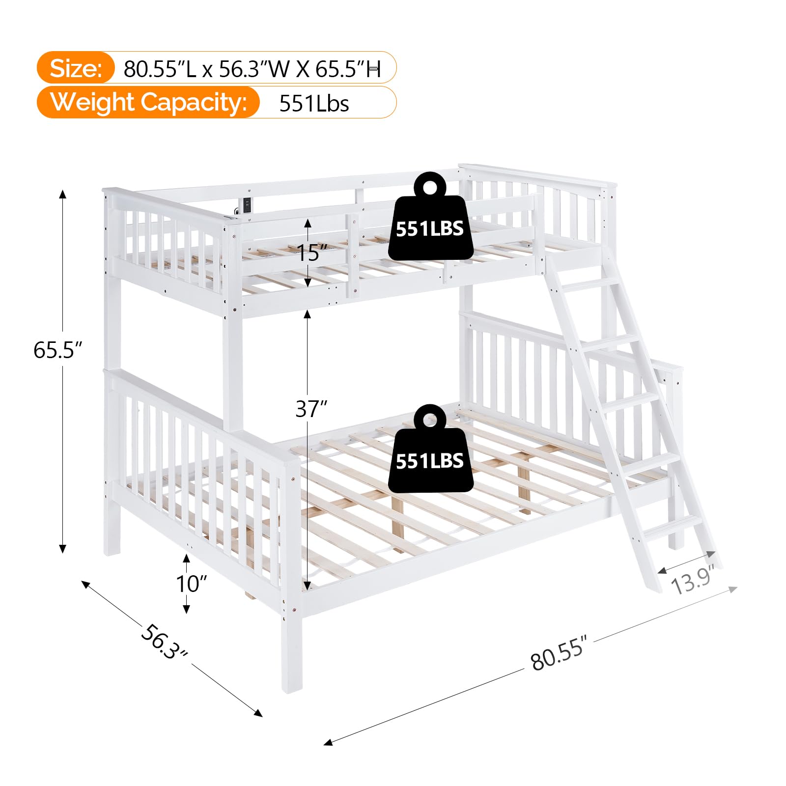 VINGLI Bunk Beds Twin Over Full Size with LED and Charging Station, Convertible Wood bunk beds with Angled Ladder, High Guardrail and Wood Slats, Space-Saving Design for Kids, Teens and Adults, White