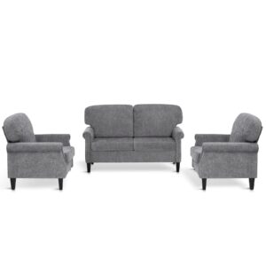 Sophia & William 3 Piece Living Room Furniture Set, 1 Loveseat & 2 Accent Chairs, Linen Fabric Comfy Sectional Sofa Couch for Living Room, Bedroom, Grey