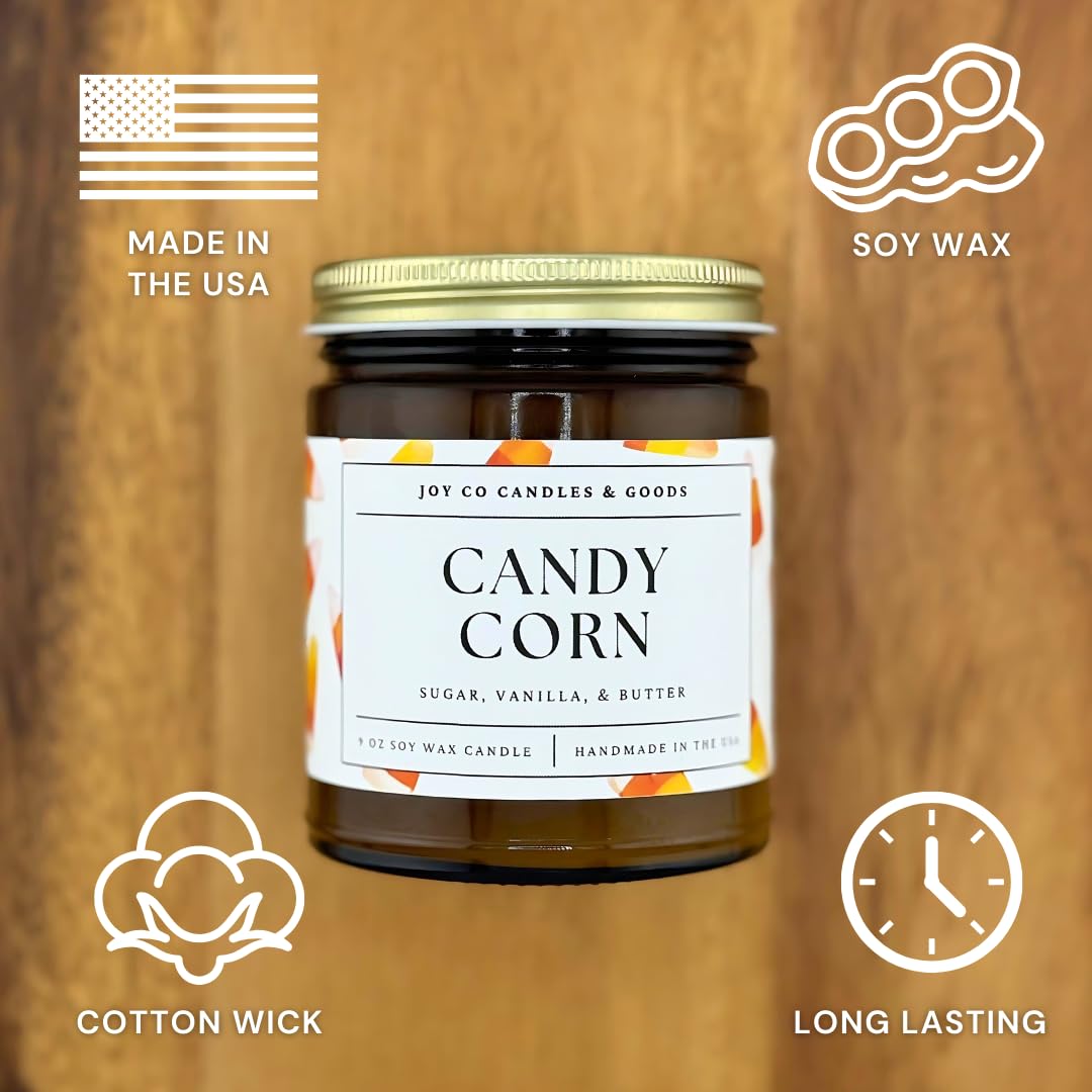 Candy Corn Scented Candle, Sugar, Vanilla, & Butter Scent, 100% Soy Wax 9 oz Candle, 50 Hour Burn Time, Recyclable Amber Glass Jar, Made in the USA, JOY CO Candles & Goods, Fall Décor, Halloween Decor