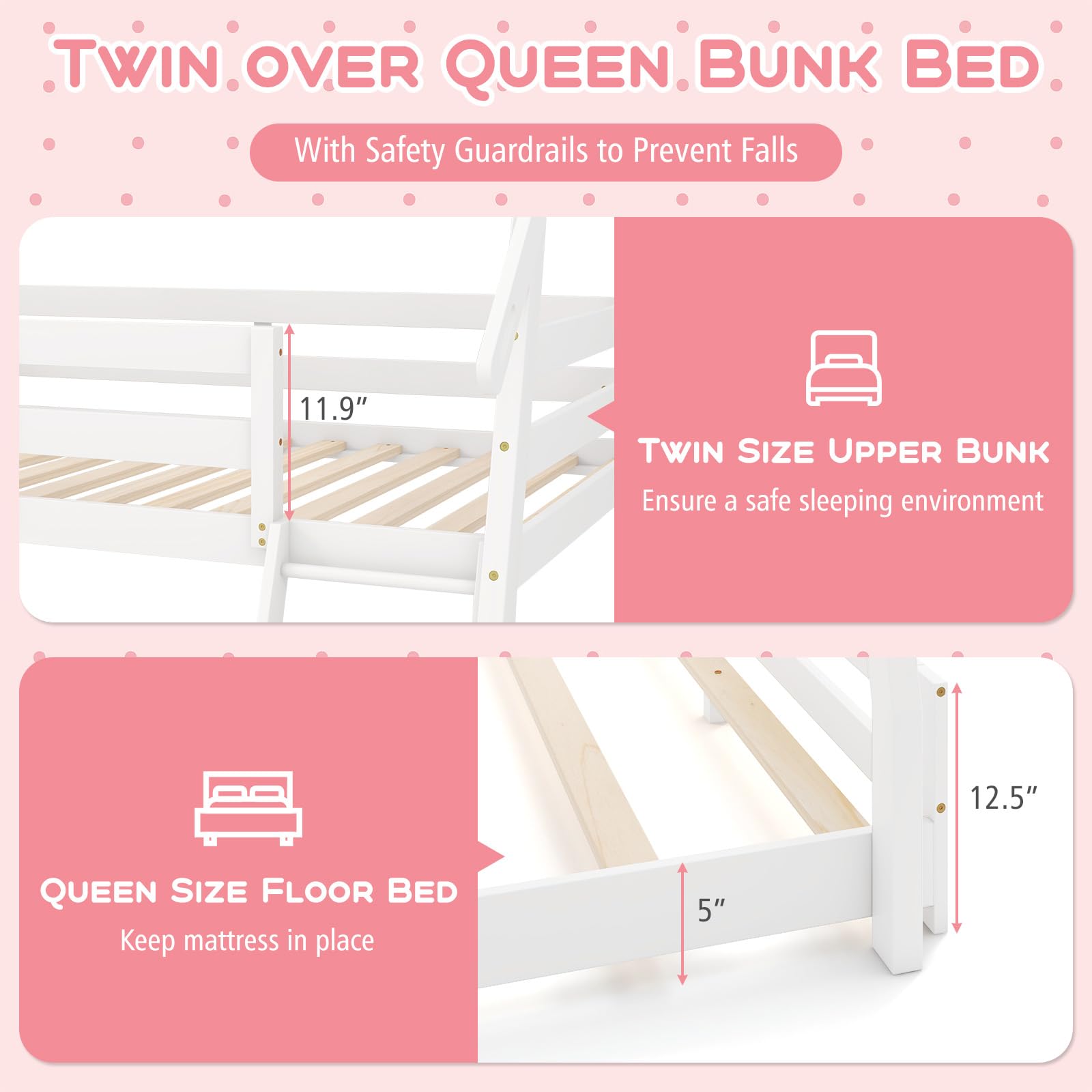 Costzon Twin Over Queen Bunk Bed, House Shaped Bed Frame with Climbing Nets and Ramp, Safety Guardrail, No Box Spring Needed, Wooden Kids Bed for Boys Girls (White, Twin Over Queen)