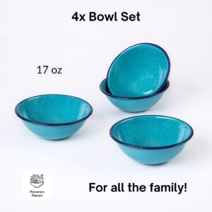 Cinsa Pozole Making Set (8 pieces) 14 and 8 Quarts Enameled Steel Stock Pots with Lid, 4x bowls 17 oz, Multi Use Pots, Turquoise Blue