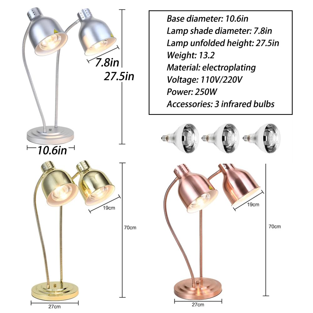 vhdurike 2-Head Food Warming Light, Countertop Food Heat Lamp, Commercial Food Warmer, Stainless Steel Catering Food Warming Lamp for Restaurant Kitchen,Gold