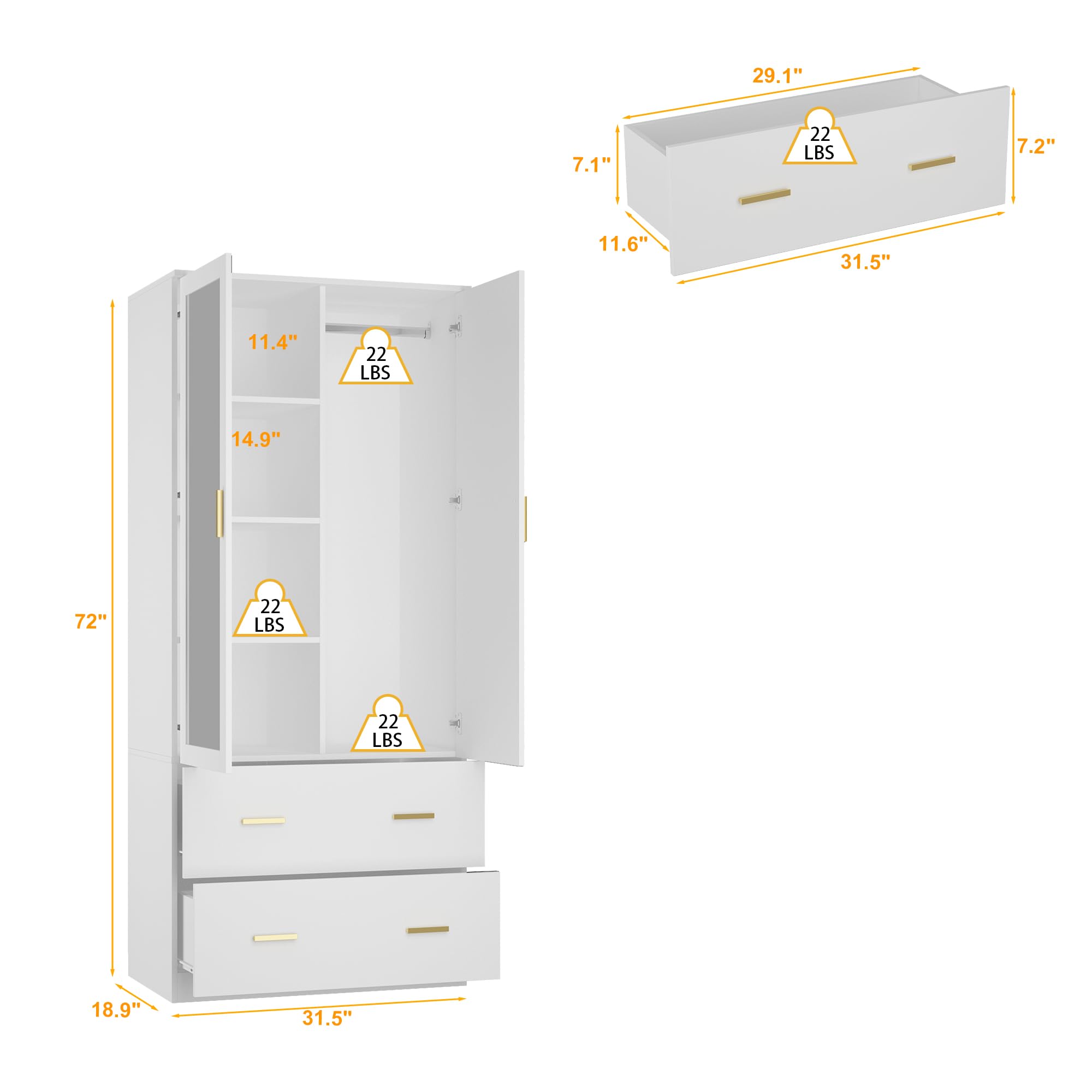 AIEGLE 2 Doors Wardrobe Armoire with Mirror, Freestanding Mirrored Armoire Wardrobe Closet with 2 Drawers, Shelves & Hanging Rod, Bedroom Wooden Clothes Organizer, White (31.5" W x 18.9" D x 72" H)