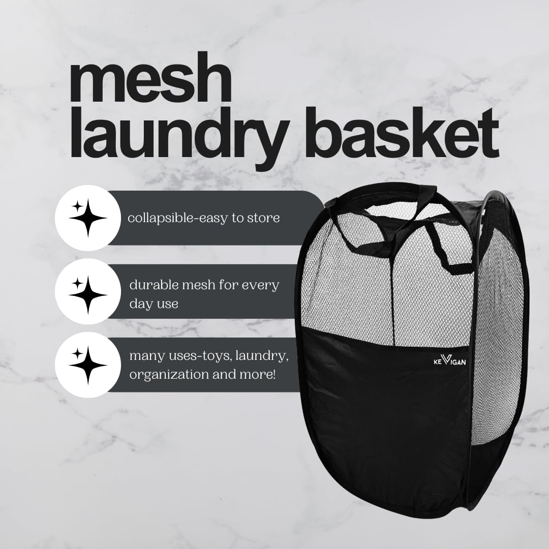 Kevvigan Collapsible Mesh Laundry Basket Foldable Storage Hamper Breathable Nylon With Side Pocket (Black)