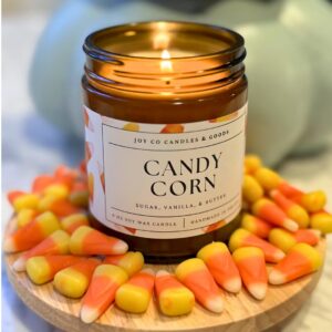 Candy Corn Scented Candle, Sugar, Vanilla, & Butter Scent, 100% Soy Wax 9 oz Candle, 50 Hour Burn Time, Recyclable Amber Glass Jar, Made in the USA, JOY CO Candles & Goods, Fall Décor, Halloween Decor