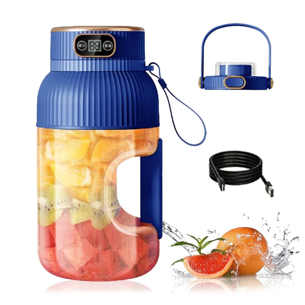 Multifunctional Portable Juicer Cup With Digital Display, Portable Blender Personal USB Rechargeable Juice Cup with Direct Drinking Lid, Juice Cup Blender for Gym/Travel/Kitchen (Blue+Drinking lid)