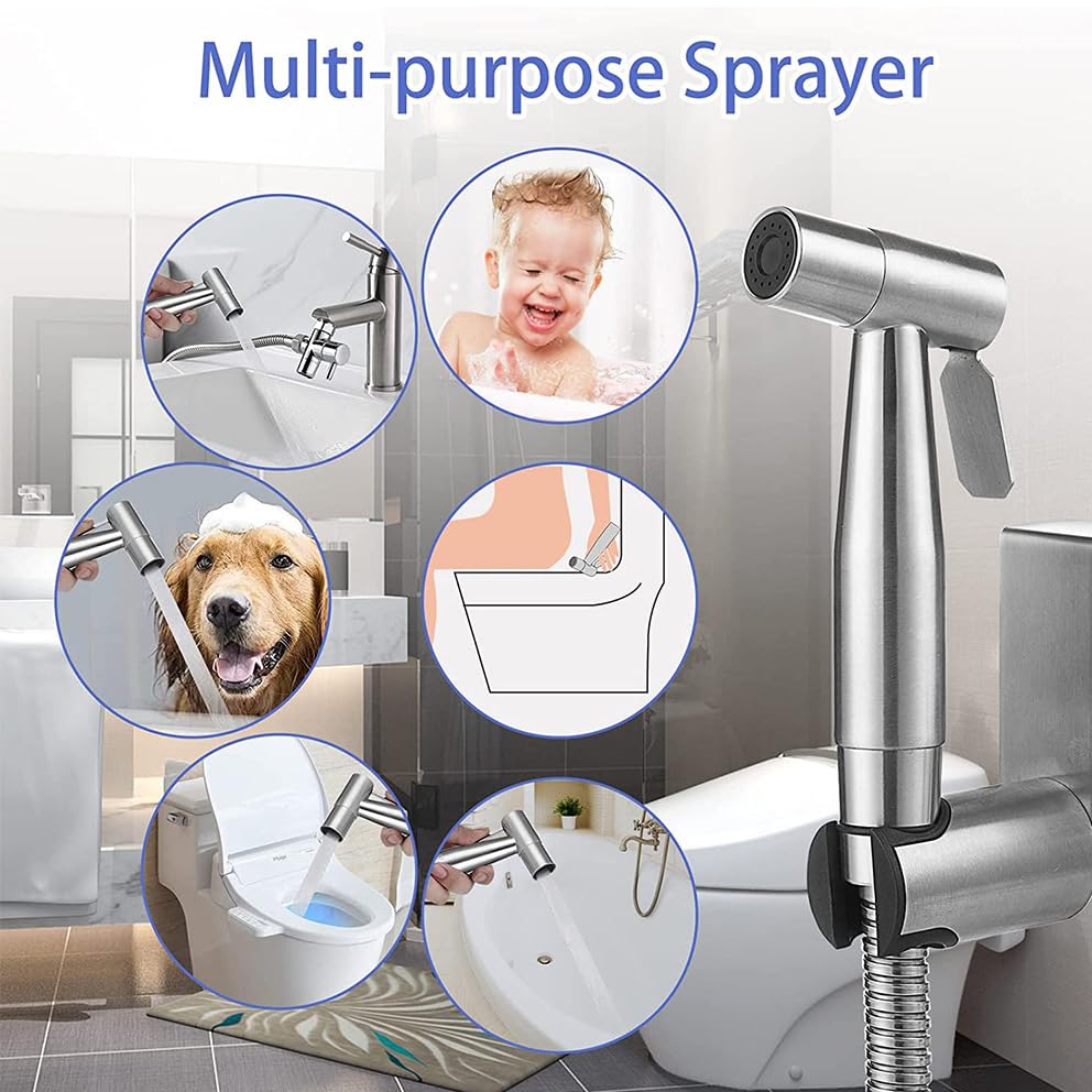 FES Handheld Bidet Sprayer for Toilet, Stainless Steel Material Adjustable Pressure Control Bidet Faucet Diaper Sprayer Set with Hose Attachment Easy Install for Kitchen and Toilet Cleaning (1PCS)