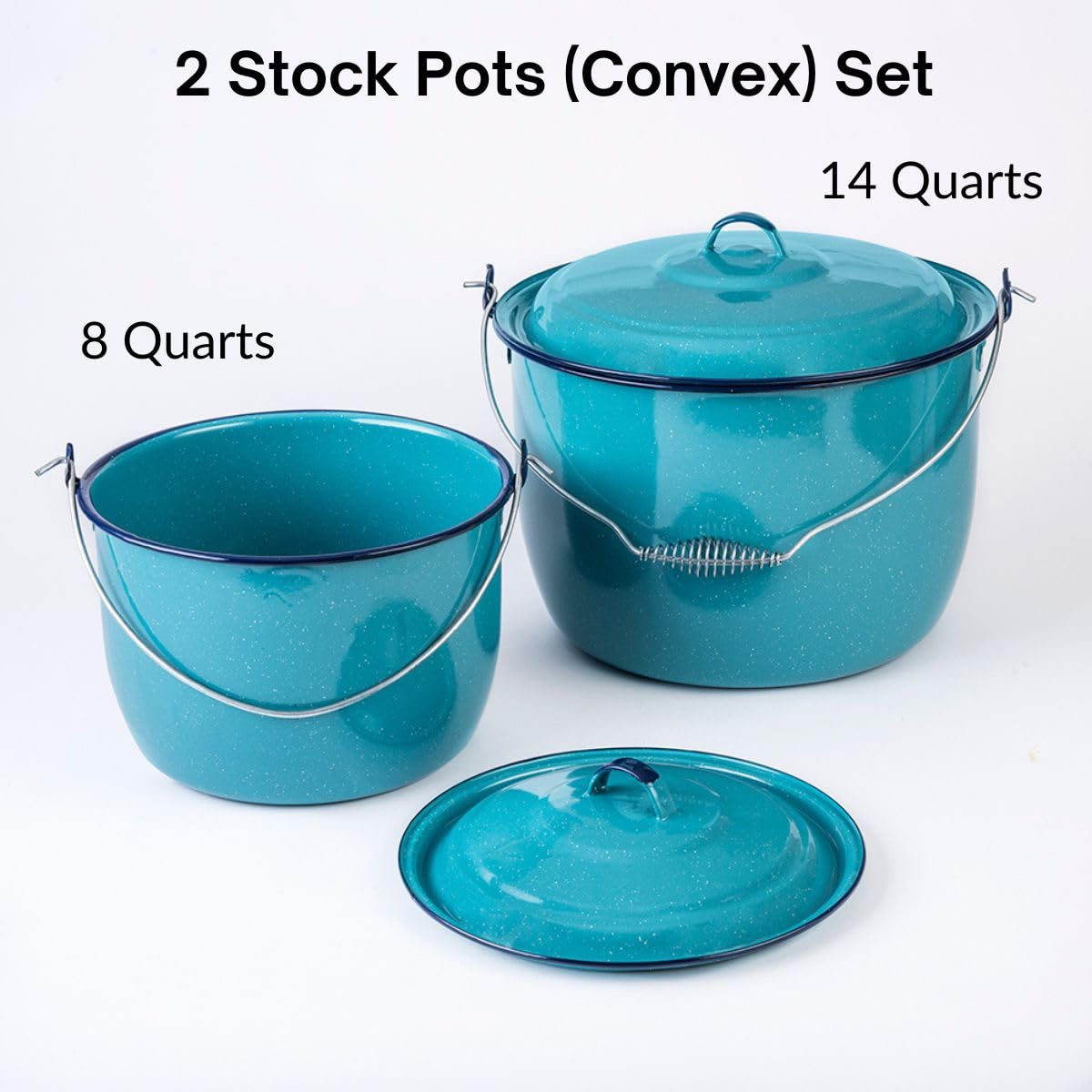 Cinsa Pozole Making Set (8 pieces) 14 and 8 Quarts Enameled Steel Stock Pots with Lid, 4x bowls 17 oz, Multi Use Pots, Turquoise Blue