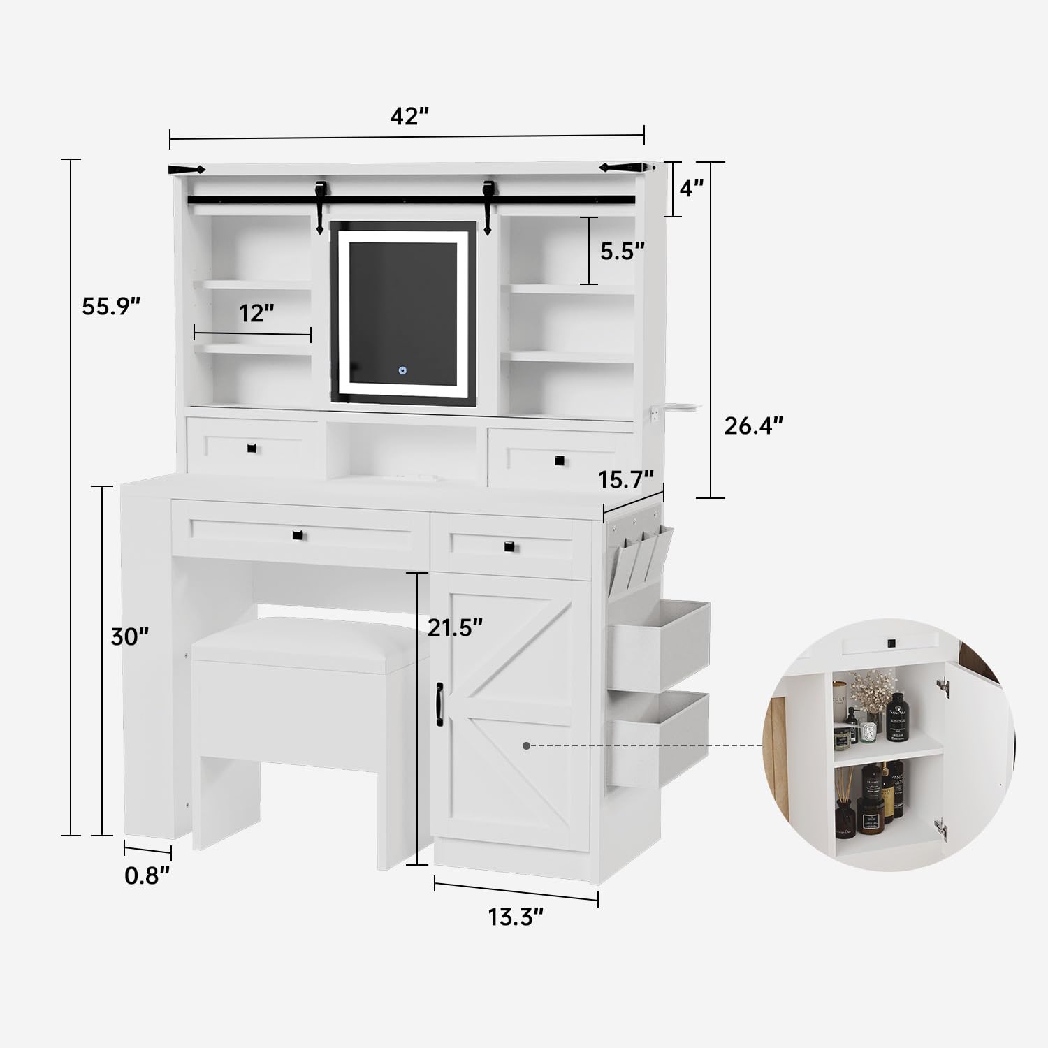 MXV 42" Large Vanity Desk with LED Lighted Mirror & Power Outlet, Makeup Vanity Table with Drawers & Cabinet, Make Up Vanity Desks, Movable Mirror, 3 Lighting Modes, for Bedroom, White