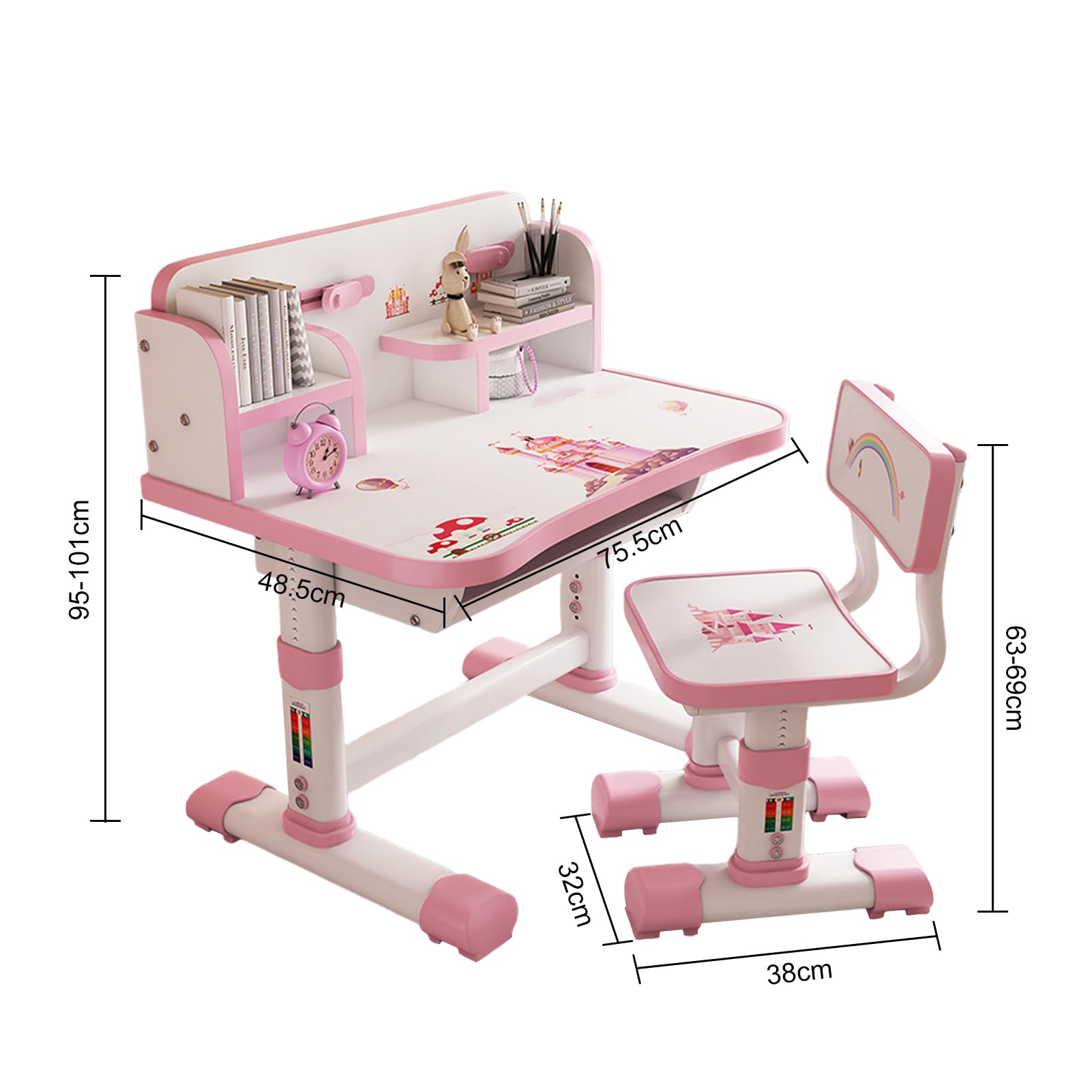 2024 New Kids Functional Desk and Chair Set, Height Adjustable Kids Table and Chair Set, Children Study Desk for Kids 6-12, Upgraded Writing Study Table, Suitable Gift for Girls Boys (Pink)