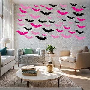 Pargleev Bat Wall Stickers: Halloween Party Decorations Indoor & Outdoor - 48 pcs Reusable PVC 3D Black Pink Bats for Halloween, Eve Party, Ghost Festival Decor