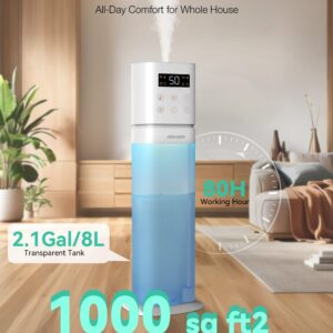 akacozie Humidifier Large Room Home Bedroom, 2.1Gal/8L Top Fill, Cool Mist Humidifiers for Bedroom with Essential Oil Diffuser, 360 Nozzle and Extended Tube for Indoor Plant, Whole House, Baby, Quiet