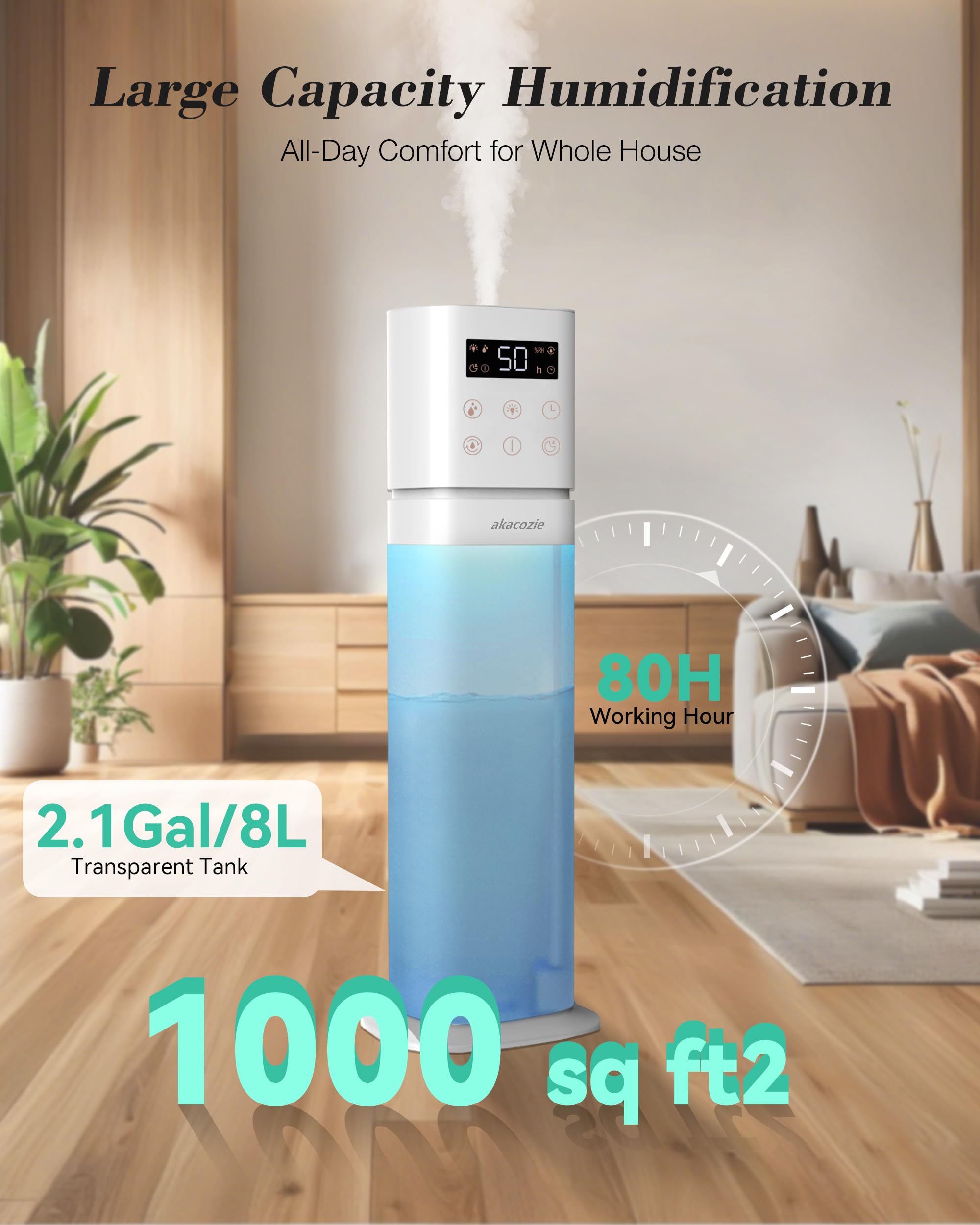 akacozie Humidifier Large Room Home Bedroom, 2.1Gal/8L Top Fill, Cool Mist Humidifiers for Bedroom with Essential Oil Diffuser, 360 Nozzle and Extended Tube for Indoor Plant, Whole House, Baby, Quiet