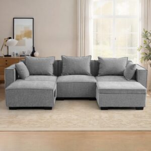 chenille modular sectional sofa with storage u shaped and cat hole modular sofa sectional couch for living room, grey