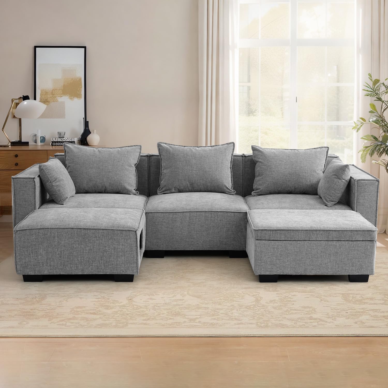 Chenille Modular Sectional Sofa with Storage U Shaped and Cat Hole Modular Sofa Sectional Couch for Living Room, Grey