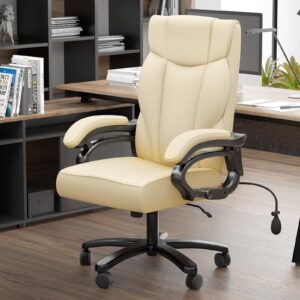 500lbs high back executive chair - ergonomic big and tall office chair with metal base & arms, leather lumbar support, reclining comfort chair (white)