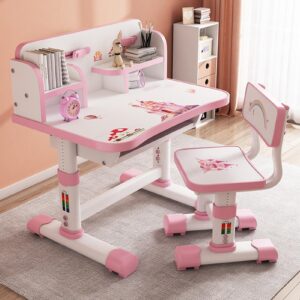 2024 new kids functional desk and chair set, height adjustable kids table and chair set, children study desk for kids 6-12, upgraded writing study table, suitable gift for girls boys (pink)