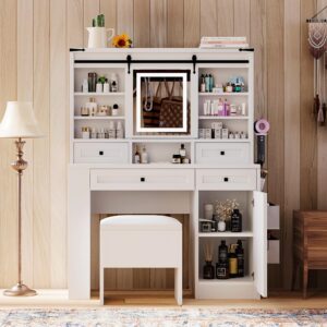 MXV 42" Large Vanity Desk with LED Lighted Mirror & Power Outlet, Makeup Vanity Table with Drawers & Cabinet, Make Up Vanity Desks, Movable Mirror, 3 Lighting Modes, for Bedroom, White