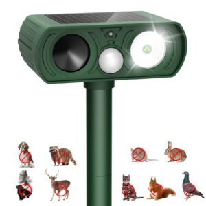 solar ultrasonic animal repellent outdoor, deer repellent devices motion detection, waterproof cat squirrel mouse raccoon dog bird repellent deterrent with led flash light for yard farm garden