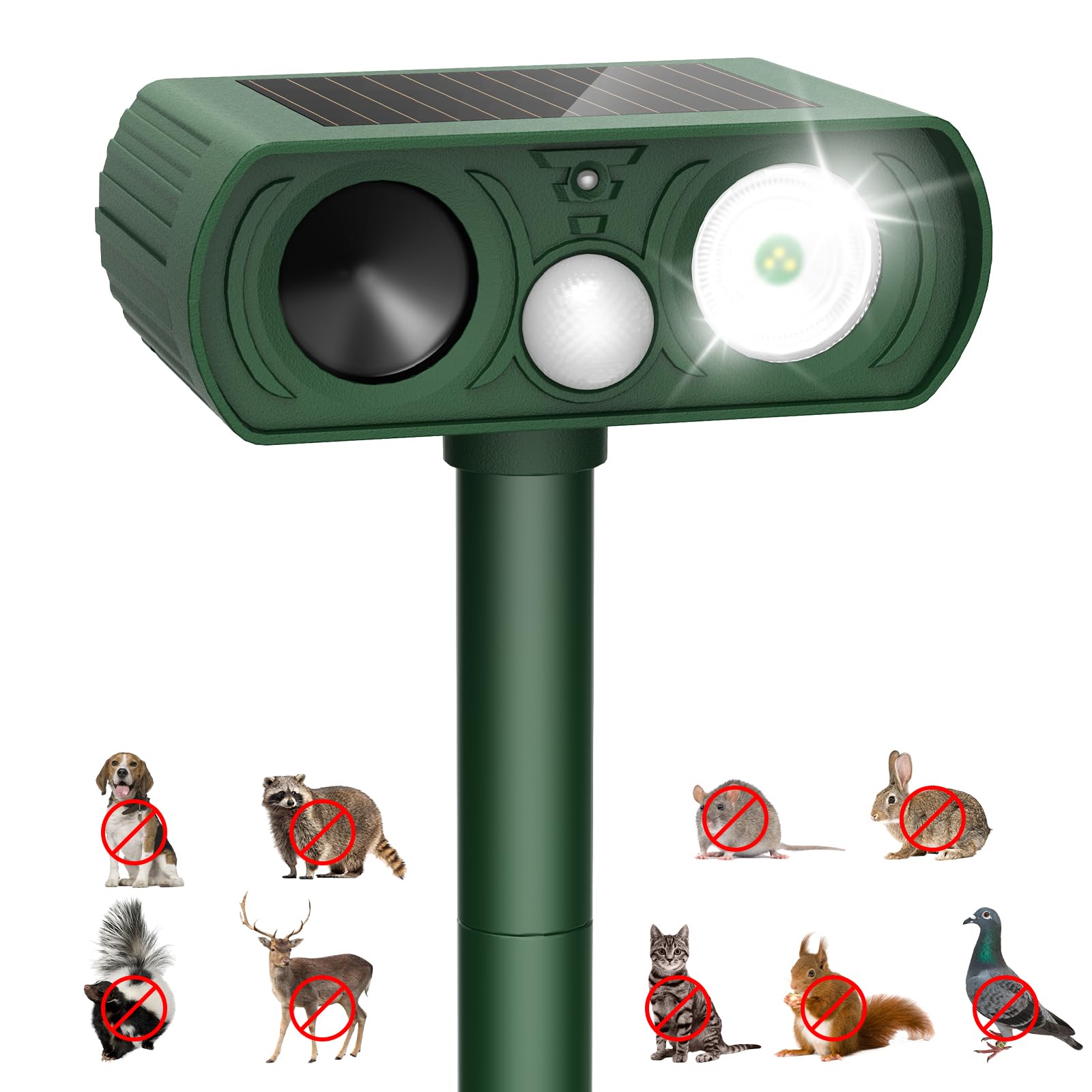 Solar Ultrasonic Animal Repellent Outdoor, Deer Repellent Devices Motion Detection, Waterproof Cat Squirrel Mouse Raccoon Dog Bird Repellent Deterrent with LED Flash Light for Yard Farm Garden