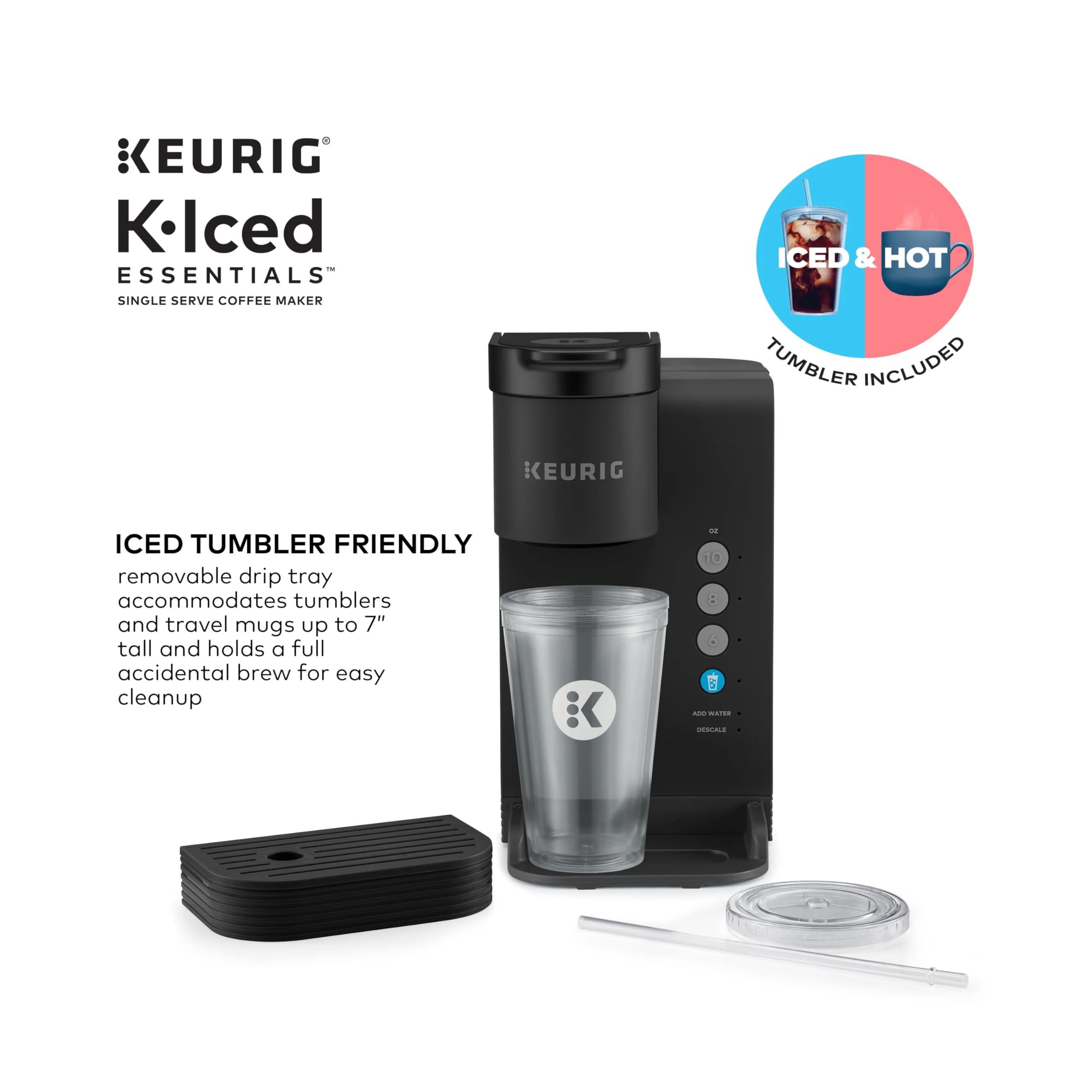 K- Iced Essentials Coffee Maker, Hot and Iced Coffee, Brew Over Ice Button, 4 Cup Sizes, 36oz Reservoir, My K- Cup Compatible,BLACK