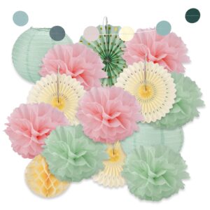 15pcs paper lanterns party decorations, sage green & blush pink paper lanterns tissue pom poms streamers hanging paper flowers lanterns fans for bridal baby shower wedding birthday supplies decor