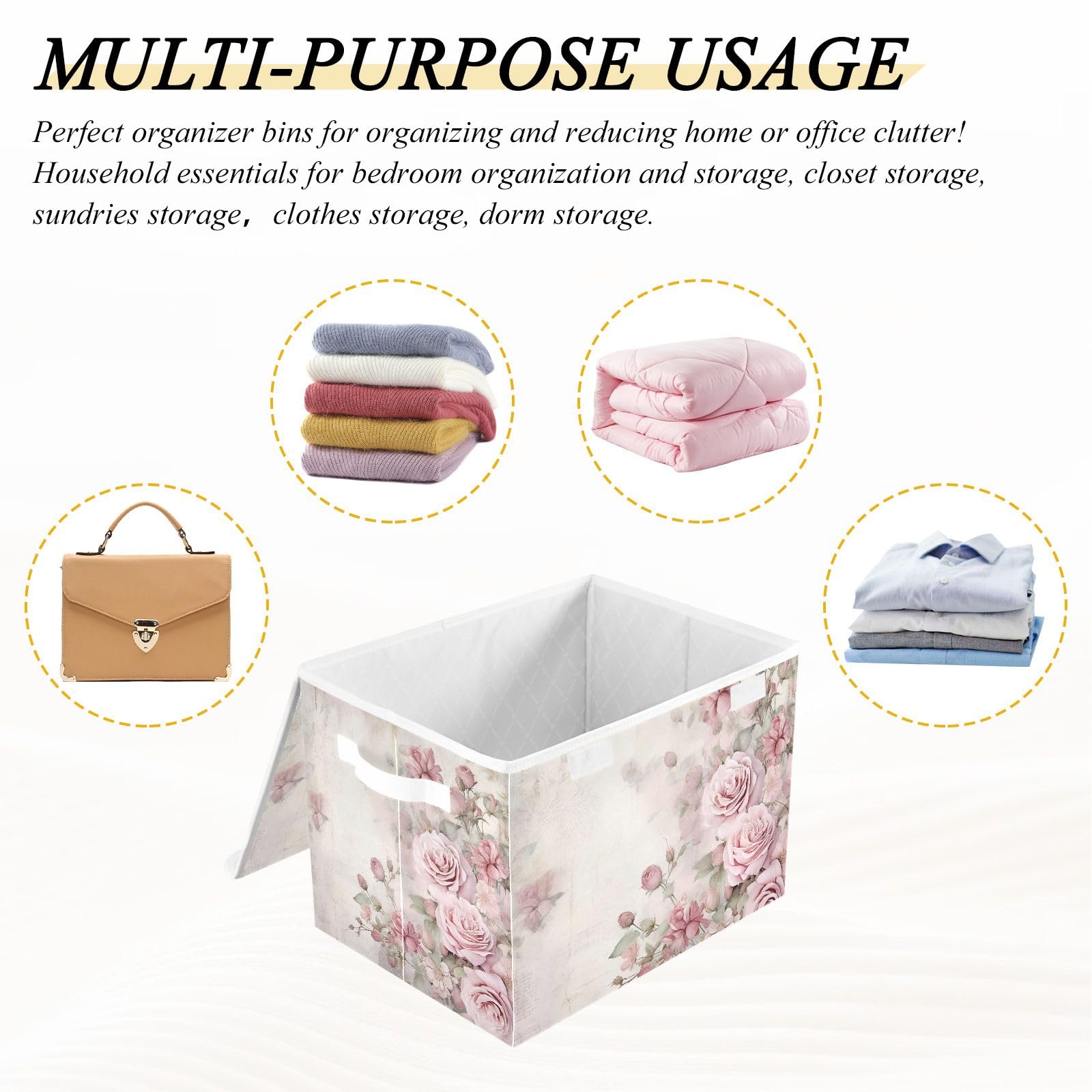 ALAZA Storage Bins Organizer Box Baskets Lidded Clothes for Shelves Closet Pink Rose Retro Collapsible Stackable Storage Cubes Handles