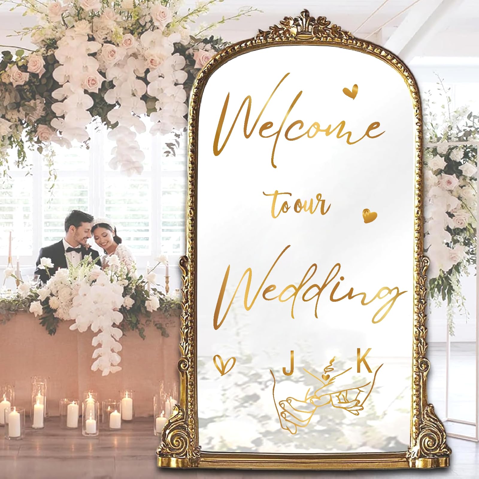 Wedding Welcome Signs Welcome to Our Wedding Signs Mirror Decals for Wedding Party Entry DIY A to Z Letter Stickers for Just Married Welcome Sign Decoration Mr and Mrs Decals for Photo Backdrop(Gold