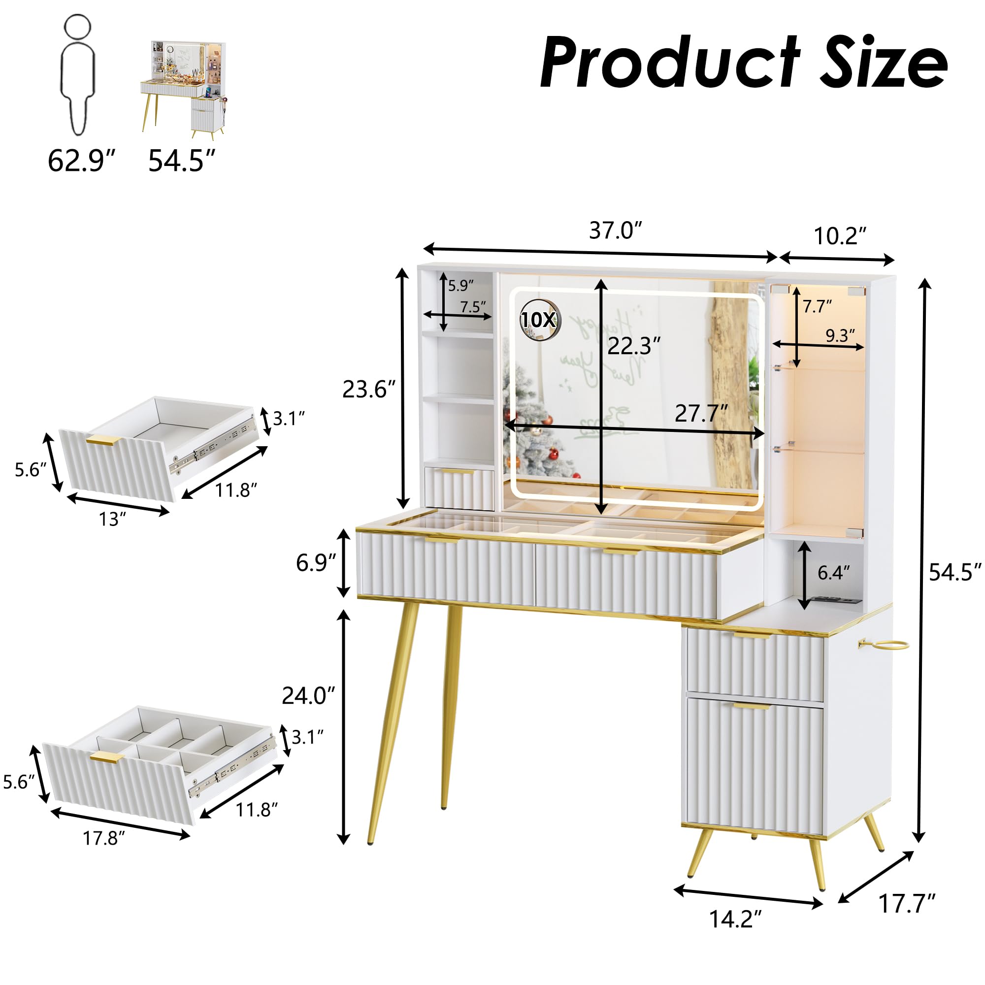 PAKASEPT Fluted Vanity Desk with Mirror and Lights, 47" Big Modern Vanity Desk with Glass Tabletop, Vanity Table with Charging Station, 4 Drawers, Shelves, RGB Glass Cabinet, for Bedroom, White