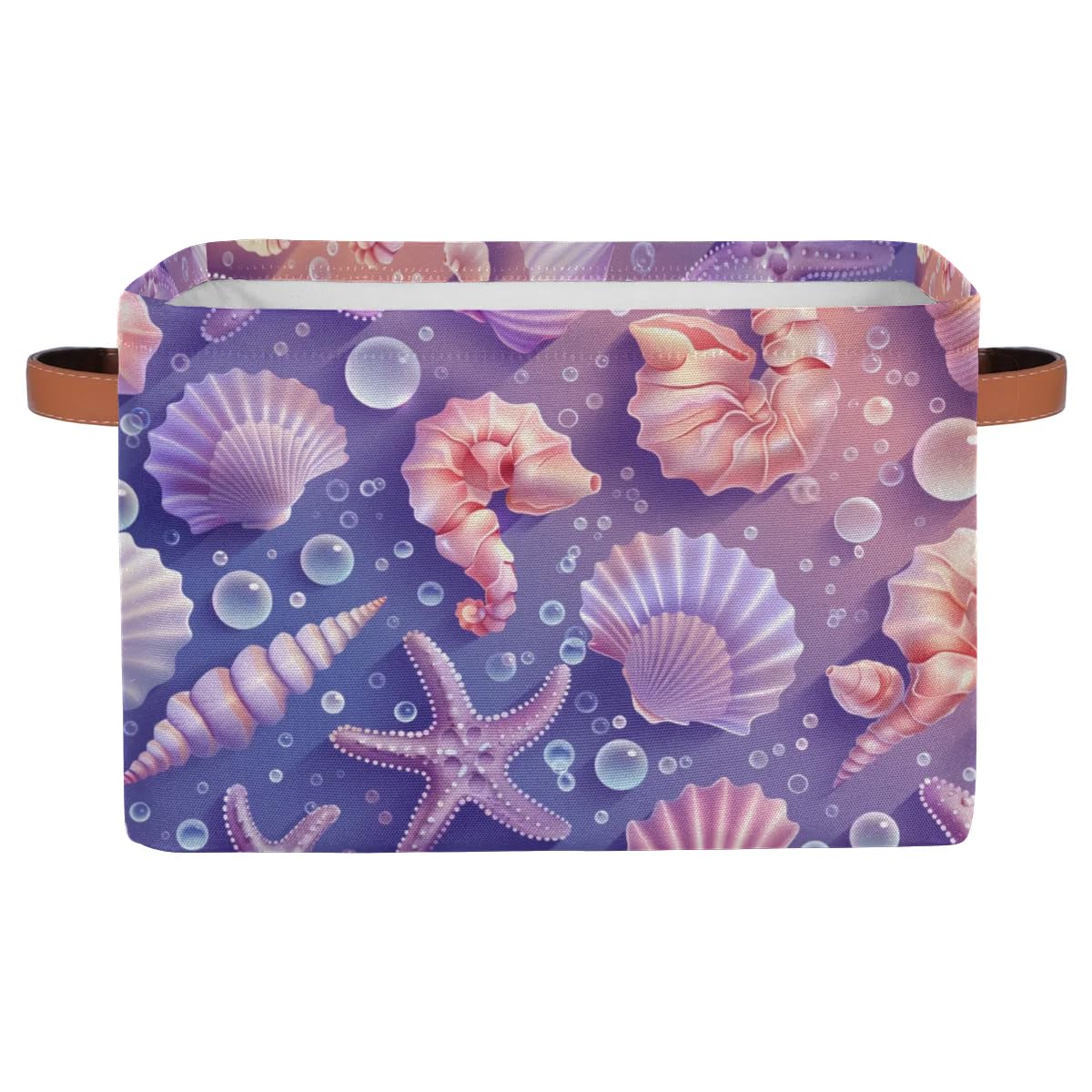 Xosoxruk Seashell Starfish Purple Collapsible Storage Bins Fabric Storage Baskets for Shelves Rectangular Shelf Basket for Organizing Home Decor Closet Bin with Handles 1 Pack