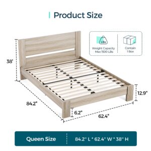 LINSY Queen Bed Frame Wood with Headboard, Farmhouse Bed Frame Queen Size, Wood Platform Bed Fast Assembly, Noise-Free, No Box Spring Needed - Beige