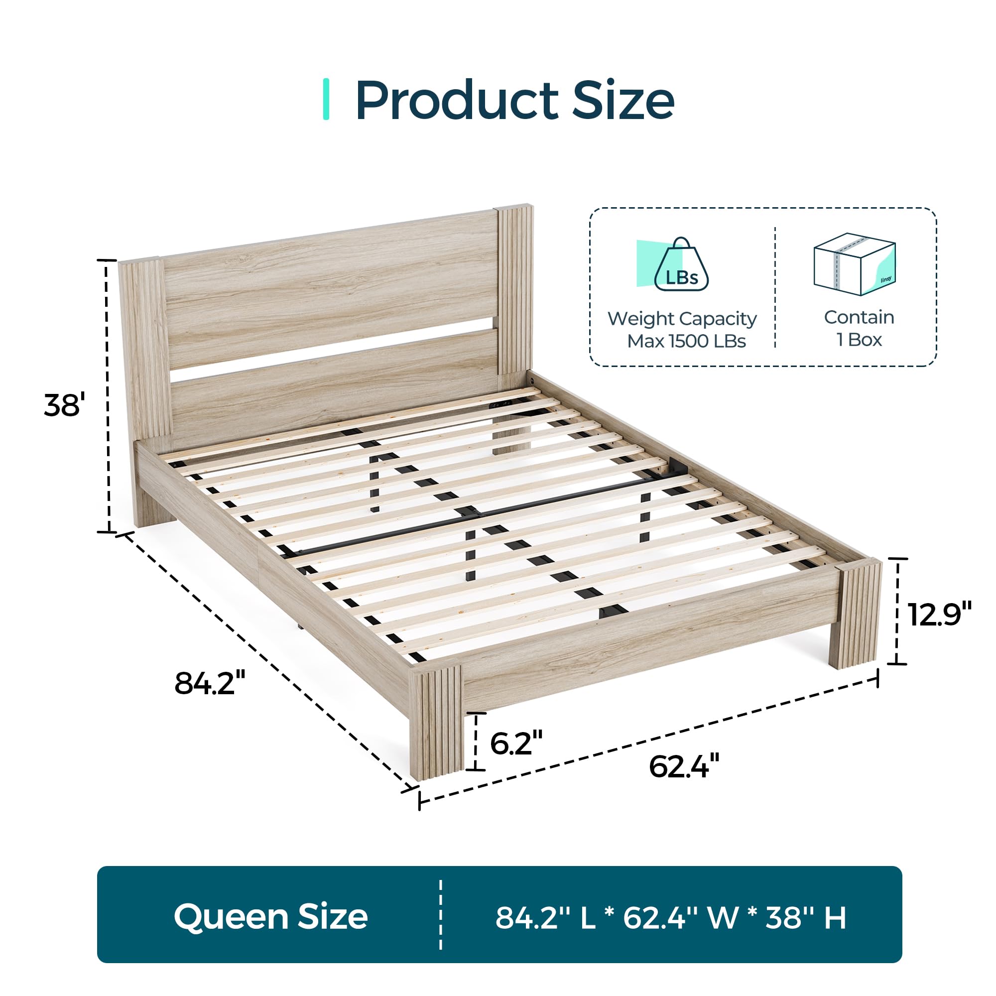 LINSY Queen Bed Frame Wood with Headboard, Farmhouse Bed Frame Queen Size, Wood Platform Bed Fast Assembly, Noise-Free, No Box Spring Needed - Beige