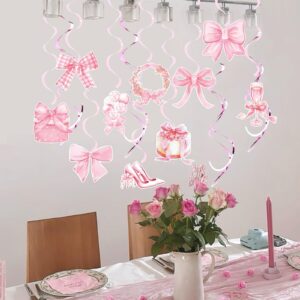 25 Pcs Coquette Birthday Decorations Glitter Happy Birthday Banner Pink Bow Hanging Swirls Pink Bow Birthday Decorations Bow Themed Party Decor for Baby Shower Girls Women Birthday Party Supplies