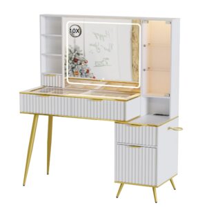 PAKASEPT Fluted Vanity Desk with Mirror and Lights, 47" Big Modern Vanity Desk with Glass Tabletop, Vanity Table with Charging Station, 4 Drawers, Shelves, RGB Glass Cabinet, for Bedroom, White