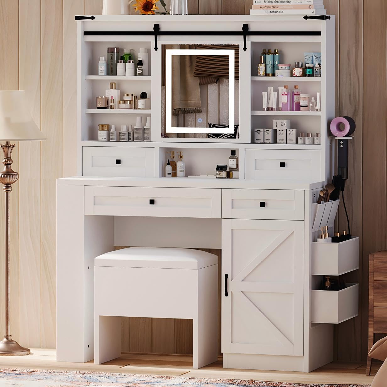 MXV 42" Large Vanity Desk with LED Lighted Mirror & Power Outlet, Makeup Vanity Table with Drawers & Cabinet, Make Up Vanity Desks, Movable Mirror, 3 Lighting Modes, for Bedroom, White