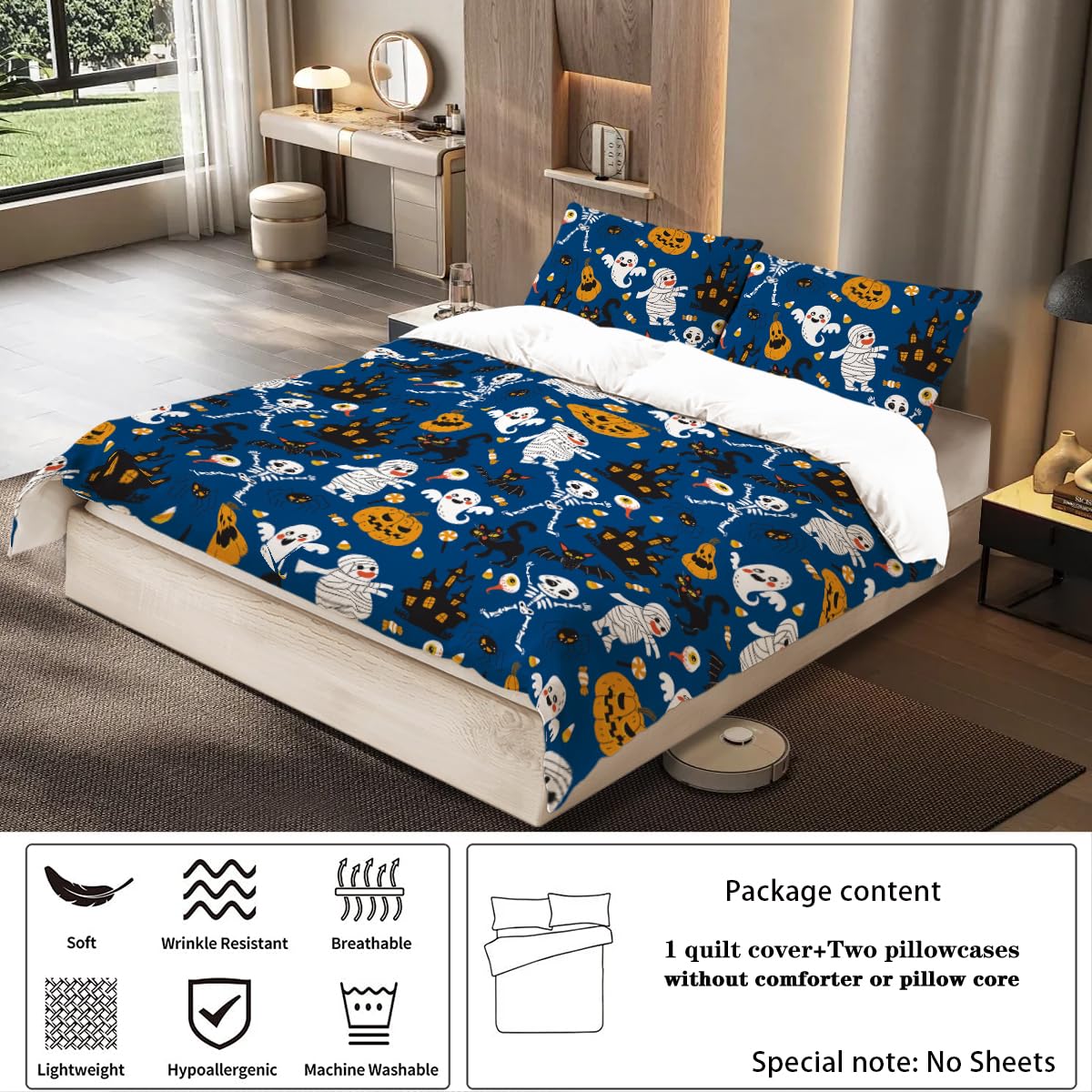 Halloween Comforter Sets Pumpkin Bat Cobweb Pattern Bedding Set Plaid Duvet Cover Soft Microfiber Halloween Theme Comforter Cover with 2 Pillowcase and 1 Comforter (Halloween2,Twin66”X90“)