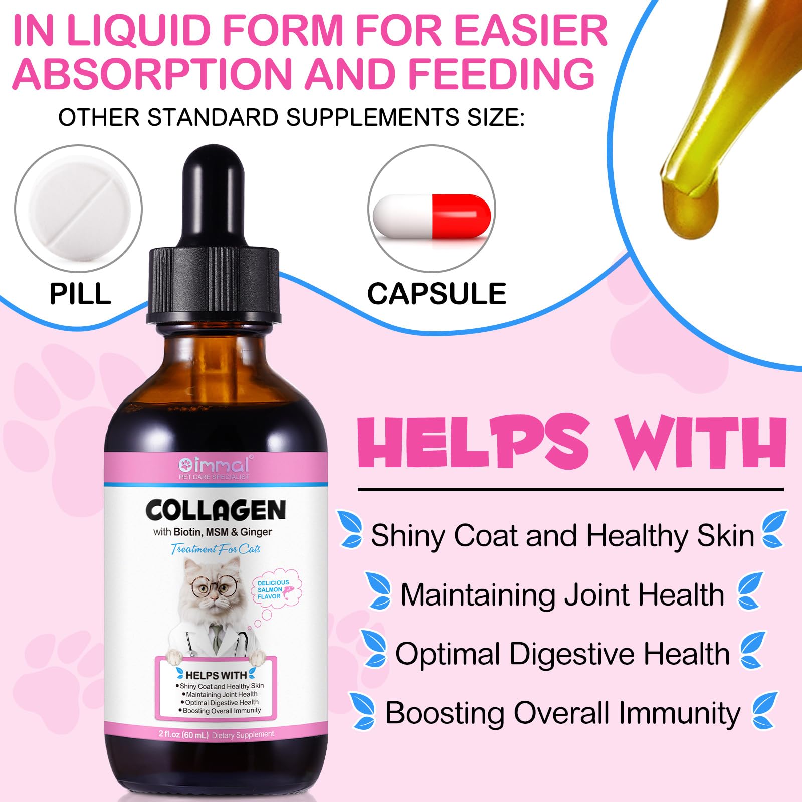 Skin and Coat Supplement for Cats, Collagen for Dogs, Liquid Collagen Boost for Cats, Itch Relief for Cats with Allergies, with Biotin, Support Joints, Skin, Bone & Immune System 2fl.oz