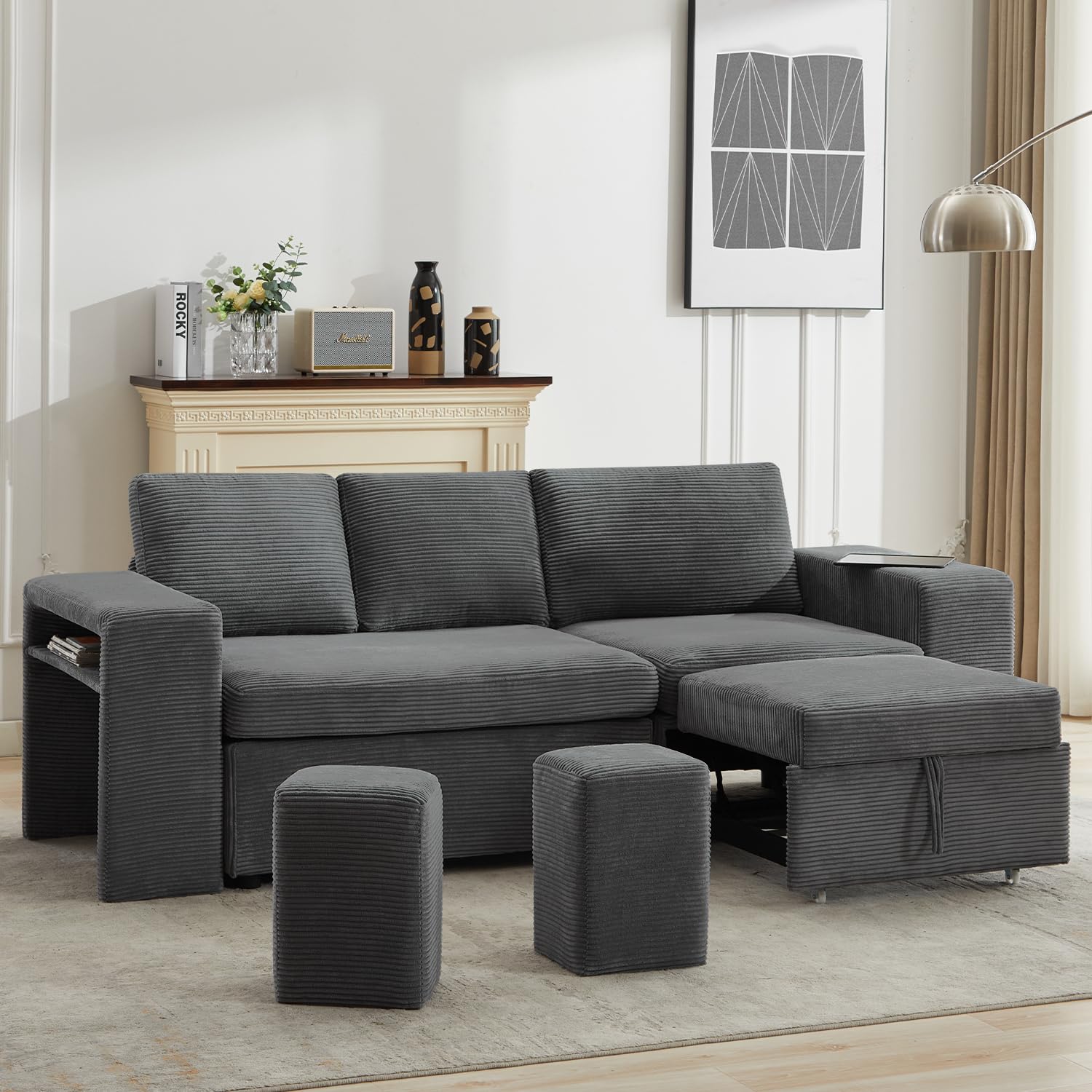 Bumblr 93" Modular Sectional Couches for Living Room Furniture, Comfy L Shape Couch with Chaise, Pull Out Couch with 2 Ottomans, Wide Sofa Armrest with Storage Space, Dark Grey