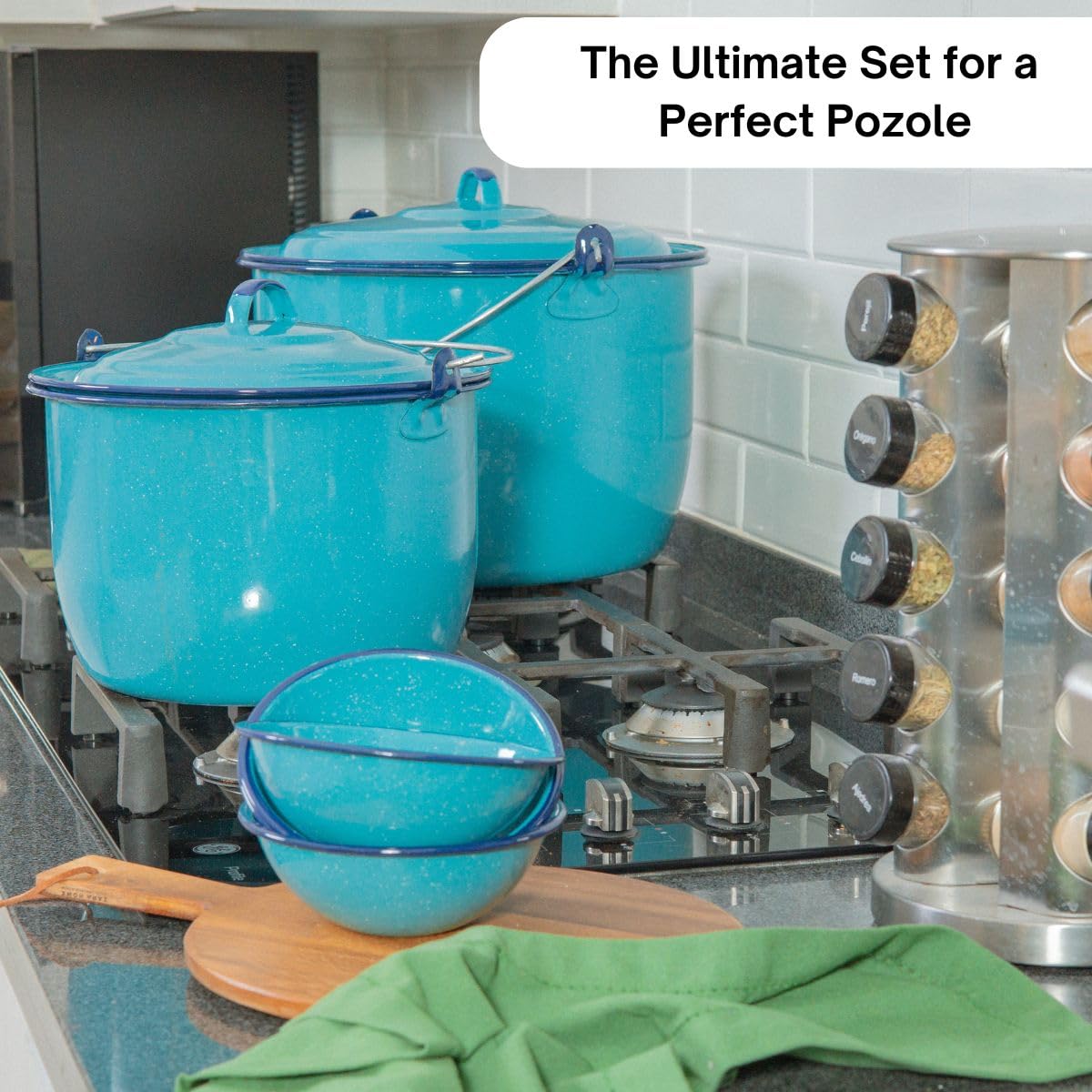 Cinsa Pozole Making Set (8 pieces) 14 and 8 Quarts Enameled Steel Stock Pots with Lid, 4x bowls 17 oz, Multi Use Pots, Turquoise Blue