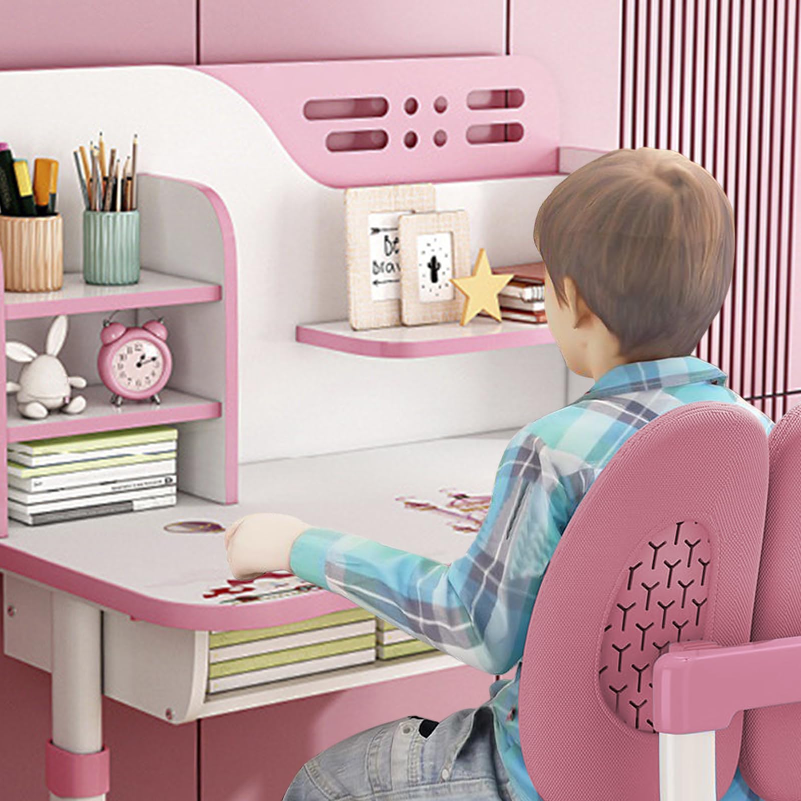 2024 Upgraded Wide Kids Desk and Chair Set, Height Adjustable Kids Functional Desk and Chair Set, Ergonomic Desk Chair with Large Writing Board, Bookshelf, Drawer Ideal for Girls Boys (Upgraded Pink)