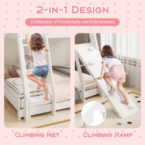 Costzon Twin Over Queen Bunk Bed, House Shaped Bed Frame with Climbing Nets and Ramp, Safety Guardrail, No Box Spring Needed, Wooden Kids Bed for Boys Girls (White, Twin Over Queen)