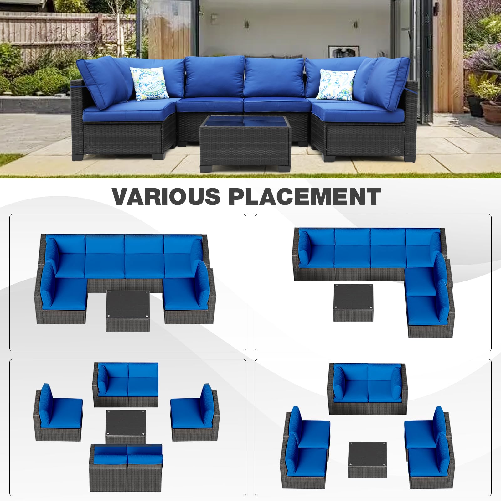 Peacabo 7 Piece Outdoor Patio Conversation Furniture Sets Wicker Furniture Set, Outdoor Sectional Furniture, for Garden Lawn Pool or Backyard, Coffee and Blue