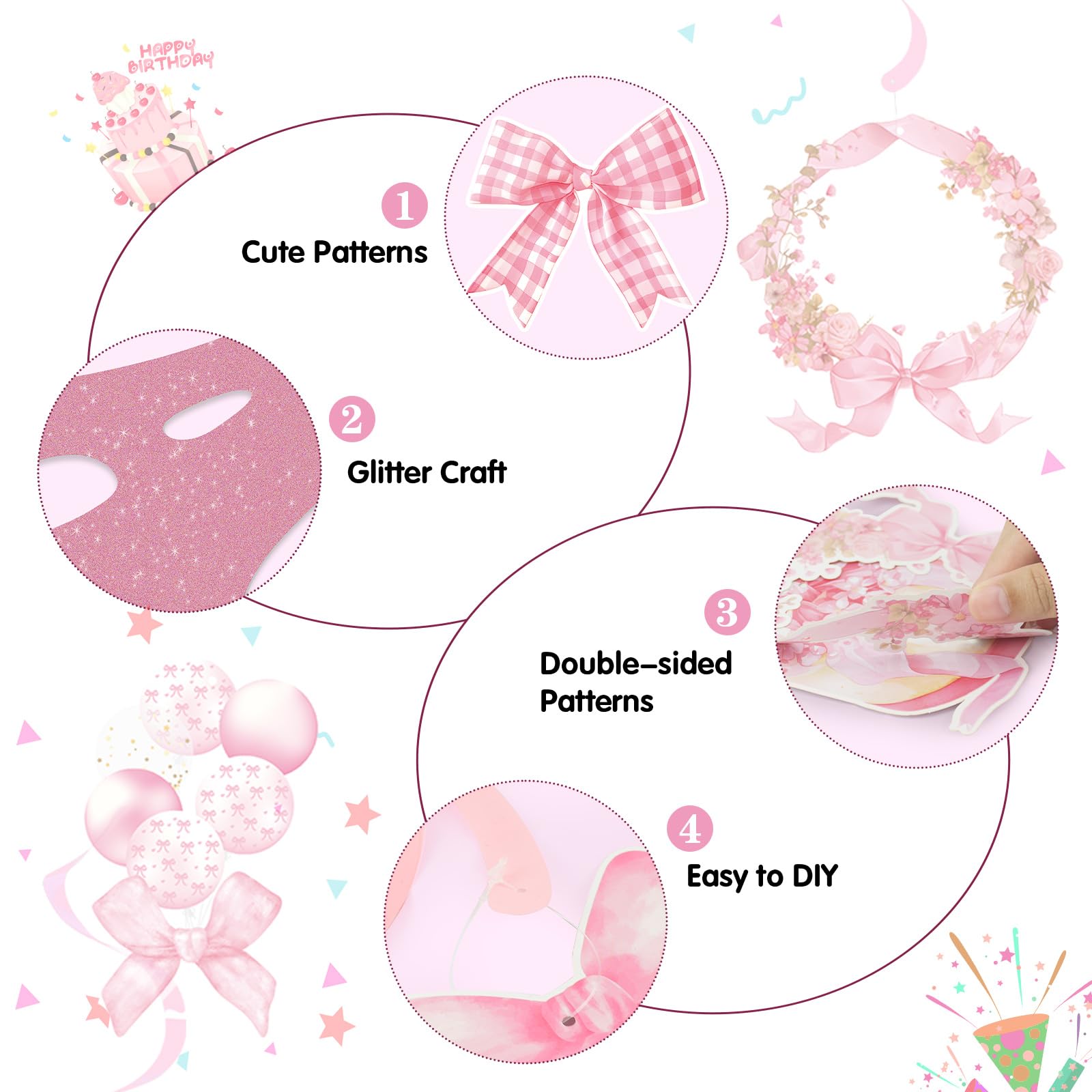 25 Pcs Coquette Birthday Decorations Glitter Happy Birthday Banner Pink Bow Hanging Swirls Pink Bow Birthday Decorations Bow Themed Party Decor for Baby Shower Girls Women Birthday Party Supplies