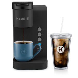 k- iced essentials coffee maker, hot and iced coffee, brew over ice button, 4 cup sizes, 36oz reservoir, my k- cup compatible,black