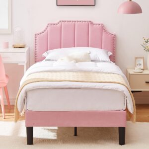 vecelo twin upholstered platform bed frame for kids,girls,boys,with tufted adjustable headboard/mattress foundation/wood slat support,easy assembly,pink